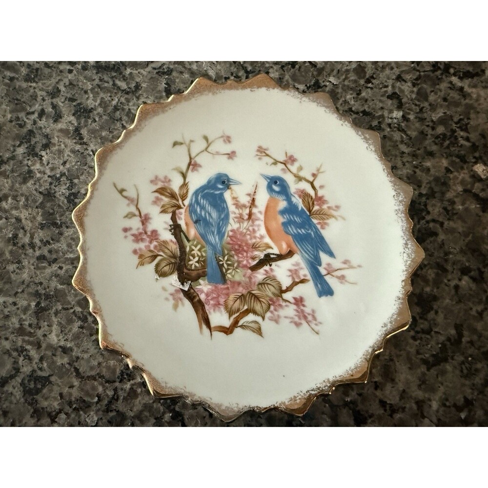 Vintage Hand Painted Porcelain Plate Bluebirds & Blossoms Signed Elsie Mitchell